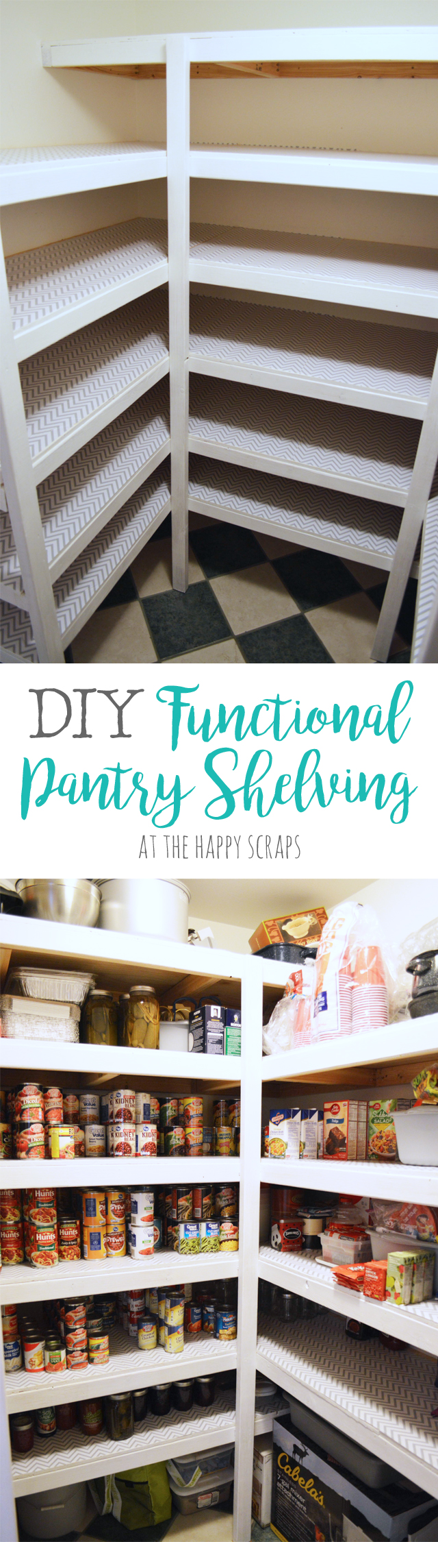 Creative DIY Functional Pantry Shelving with this tutorial from The Happy Scraps. Learn how to use cheaper wood and still get a nice looking pantry.