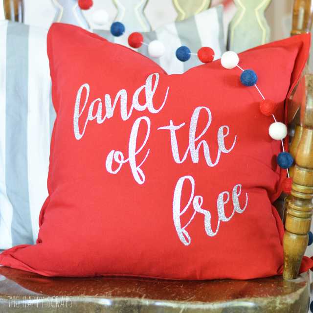 Decorate with throw pillows for the 4th of July. They are easy and fun to make! Get the details for this Land of the Free 4th of July Pillow on the blog. 