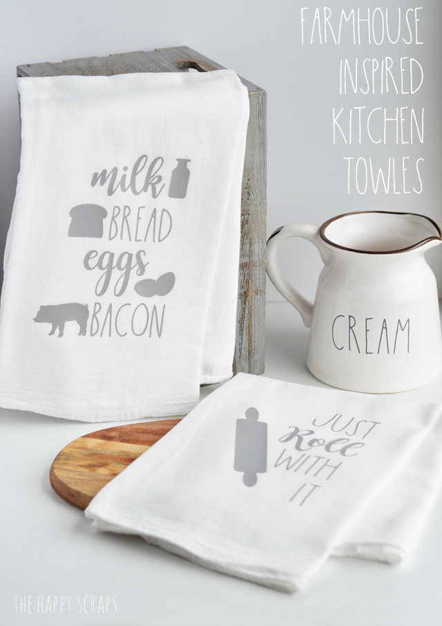 Creating these cute Farmhouse Inspired Kitchen Towels is simple and fun to do. You'll have some of your own put together in no time! 