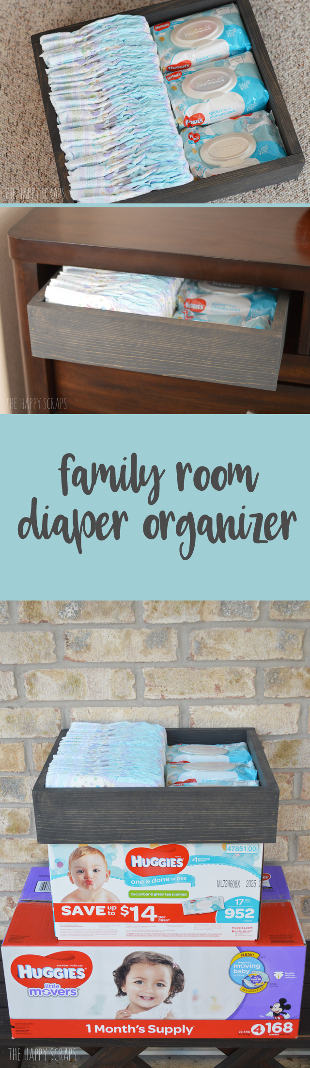 With a little one, it's nice to have diapers in more than one room. We keep some diapers in the family room, so I created this Family Room Diaper Organizer. 