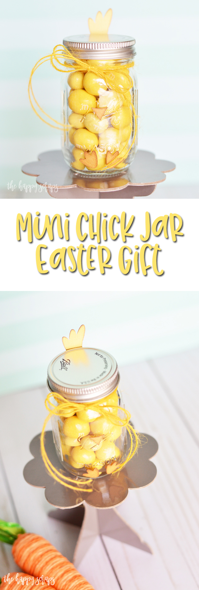 This Mini Chick Jar Easter Gift is the perfect little gift to put together for anyone for Easter. They are sure to love it, and the jar is just the right size for the perfect amount of chocolate candies. 