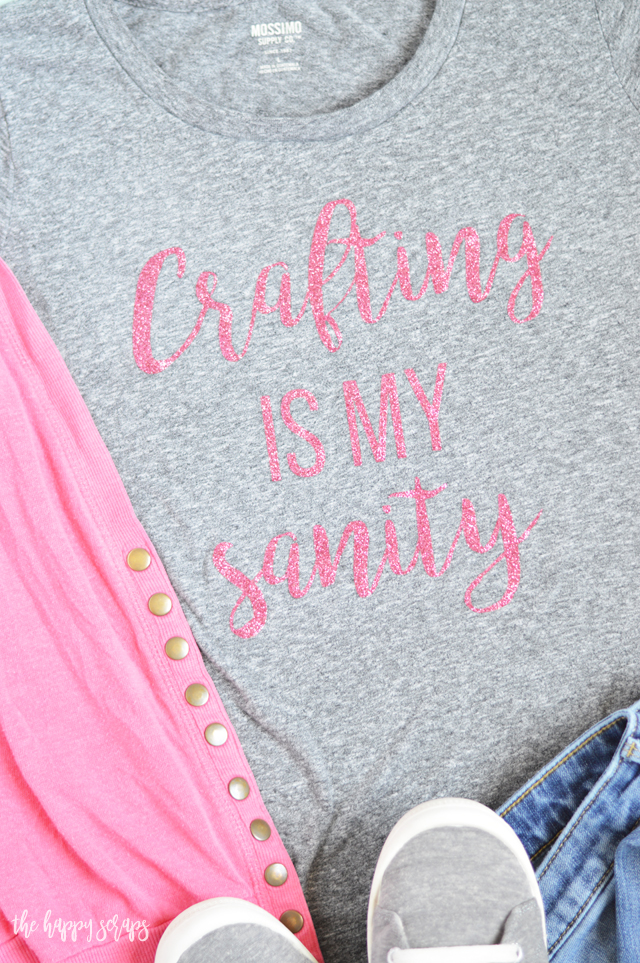 Creating this Crafting is my Sanity Glitter Tee is easy! Get the cut file from the blog and have your cute shirt made in no time! 