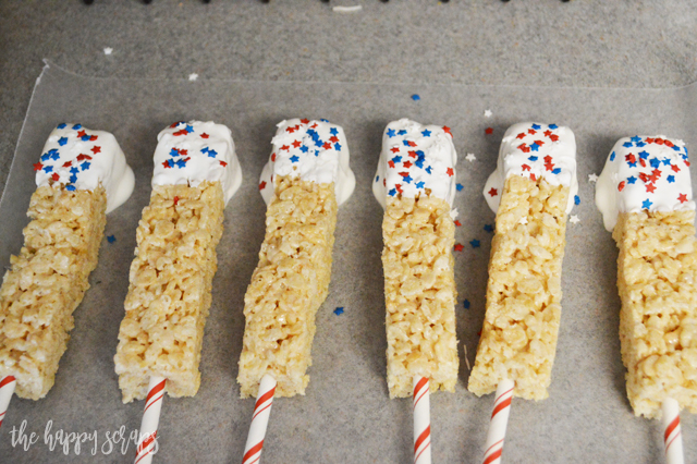 You'll have these 4th of July Rice Krispie Treats put together in no time, and the'll be the hit of the party. Everyone will be enjoying them. 